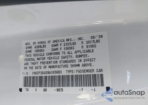 2009 Honda Accord 2.4 Lx-P from USA, damaged, VIN 1HGCP26409A165683